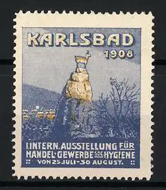 Reklamemarke Karlsbad 1908, Ausstellung für Handel Gewerbe Hygiene, Steinbock auf Felsen