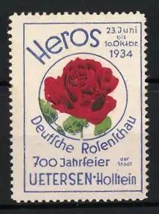 Reklamemarke Uetersen, Deutsche Rosenschau, rote Rose, 1934