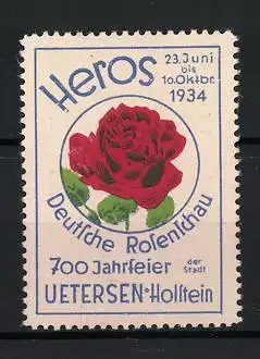 Reklamemarke Uetersen, Deutsche Rosenfachau 1934, rote Rose