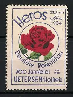 Reklamemarke Uetersen, Heros Deutsche Rosenschau 1934, rote Rose