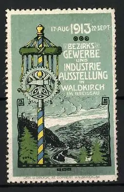 Reklamemarke Waldkirch, Bezirks-Gewerbe- und Industrie-Ausstellung 1913, Wappen und Landschaft