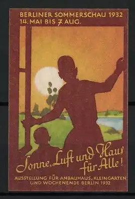 Reklamemarke Berlin, Berliner Sommerschau 1932, Sonne, Luft und Haus für Alle!, Silhouetten im Fenster