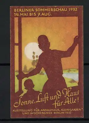 Reklamemarke Berlin, Berliner Sommerschau 1932, Sonne, Luft und Haus für Alle!, Silhouette von Familie