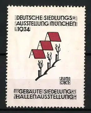 Reklamemarke München, Deutsche Siedlungsausstellung 1934, Häuserreihe mit Bäumen