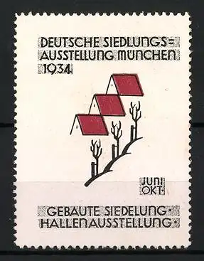 Reklamemarke München, Deutsche Siedlungsausstellung 1934, Häuser auf Hügel mit Bäumen