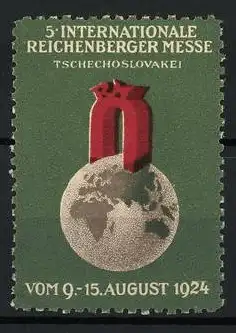 Reklamemarke Reichenberg, 5. Internationale Messe 1924, Globus mit rotem Tor