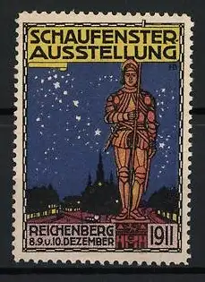 Reklamemarke Reichenberg, Schaufenster Ausstellung 1911, Ritterstatue im Sternenhimmel