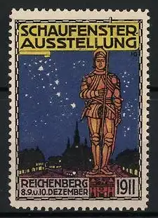 Reklamemarke Reichenberg, Schaufensterausstellung 1911, Ritterstatue vor nächtlichem Himmel