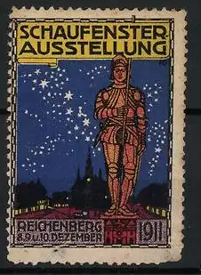 Reklamemarke Reichenberg, Schaufensterausstellung 1911, Ritterfigur vor Sternenhimmel