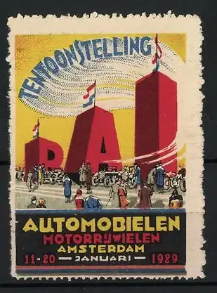 Reklamemarke Amsterdam, Tentoonstelling Automobielen Motorrijwielen, 1929, roter Bau