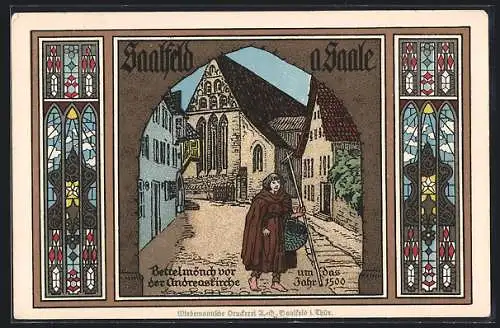 Künstler-AK Saalfeld / Saale, Bettelmönch vor der Andreaskirche um 1500