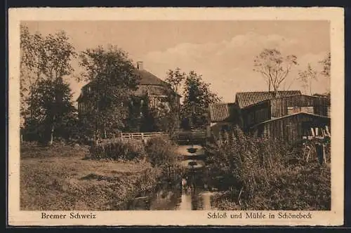 AK Schönebeck / Bremen, Schloss und Mühle in der Bremer Schweiz