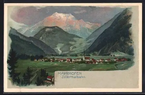 Lithographie Mayrhofen, Totalansicht aus der Vogelschau