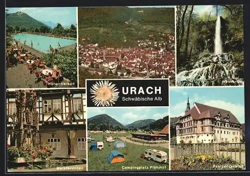 AK Bad Urach, Höhenfreibad, Residenzschloss, Campingplatz Pfählhof, Marktbrunnen