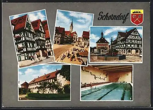 AK Schorndorf / Württ., Schwimmhalle, Daimler Haus und Kirchturm