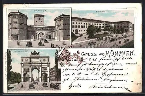 Lithographie München, Siegesthor, Isarthor, Universität