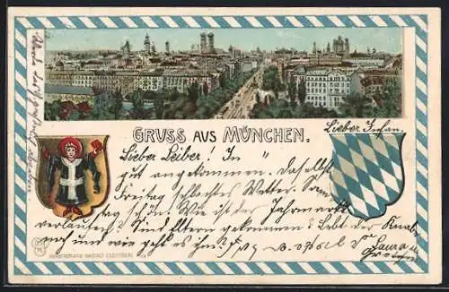 Lithographie München, Teilansicht mit Strassenpartie, Wappen