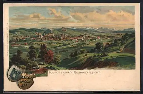 Lithographie Ravensburg / Württ., Ortsansicht aus der Vogelschau, Wappen