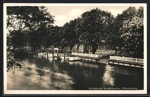 AK Pichelsberg /Spandau, Restaurant Kaisergarten Geschw. Kühne, vom Stössensee gesehen