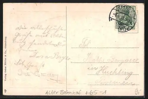 AK Oldenburg / O., Alter Bahnhof mit Strasse aus der Vogelschau, im Rahmen