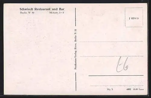 AK Berlin-Schöneberg, Restaurant Schwindt-Bar, Motzstrasse 1-3