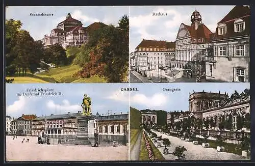 AK Kassel, Staatstheater, Rathaus, Friedrichsplatz mit Denkmal Friedrich II.