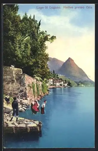 AK Oria /Lago di Lugano, Uferpartie mit Ort und Gipfelblick