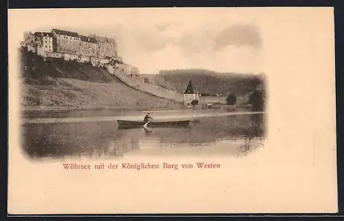 AK Burghausen, Wöhrsee mit der königlichen Burg von Westen, rückseitig Törringturm