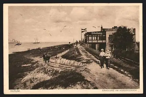 AK Husum / Nordsee, Haus Erholung am Nordseedeich, Dampfer, Flaneure