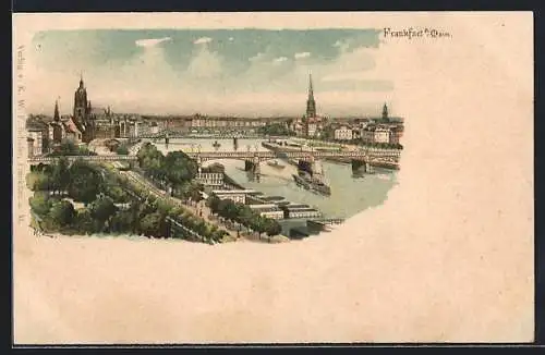 Lithographie Frankfurt, Ortsansicht aus der Vogelschau