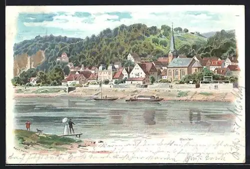 Lithographie Wehlen / Elbe, Uferpartie mit Kirche