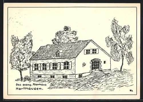 Künstler-AK Schalkstetten, Blick auf das evangelische Pfarrhaus Harthausen