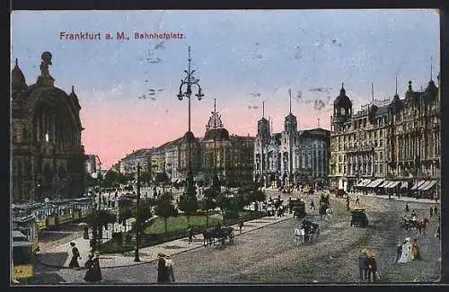 AK Frankfurt a. M., Bahnhofsvorplatz mit Bahnhof, Strassenbahn, Anlage u. Strasse