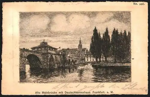 Künstler-AK Frankfurt a. M., Alte Mainbrücke mit Deutschherrenhaus