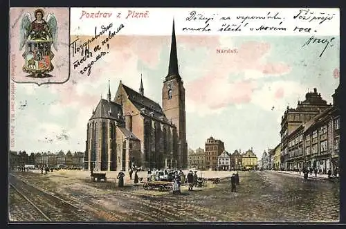 AK Pilsen, Ringplatz mit Kirche und Händlern