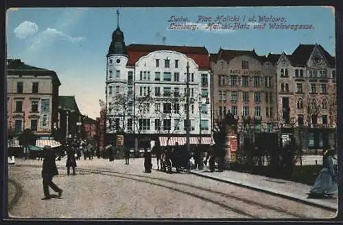 AK Lemberg-Lwow, Halicki-Platz und Walowagasse, Plac Halicki i ul. Walowa, Kutsche, Menschen