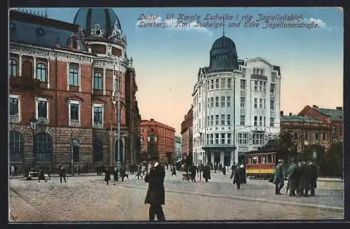 AK Lwöw / Lemberg, Strassenbahn und Geschäfte Karl Ludwigs- und Ecke Jagellonerstrasse