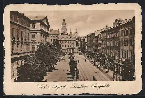 AK Lemberg-Lwow, Ringplatz aus der Vogelschau mit Strassenbahn