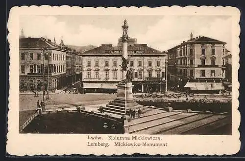 AK Lemberg, Mickiewicz-Monument mit Häuserfassaden