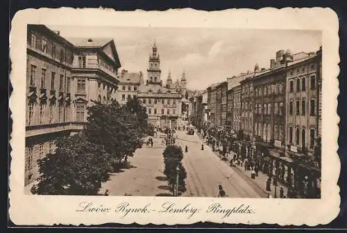 AK Lemberg-Lwow, Ringplatz aus der Vogelschau mit Strassenbahn