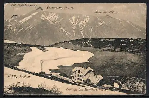 AK Erzherzog Otto Schutzhaus, Berghütte mit Blick gegen Schneeberg, Klosterwappen u. Kaiserstein, Rax