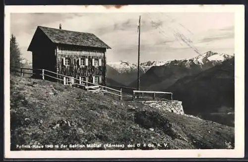 AK Polinik-Haus, Ansicht mit Gebirgspanorama