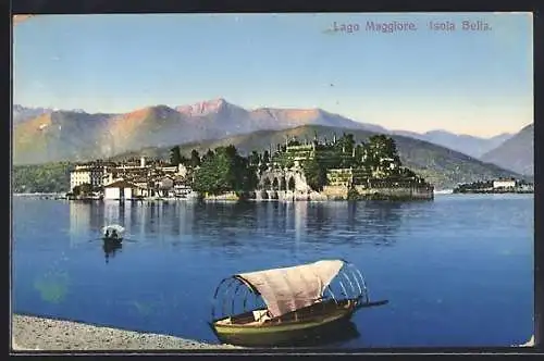 AK Isola Bella, Blick zur Insel, Boote auf dem Lago Maggiore