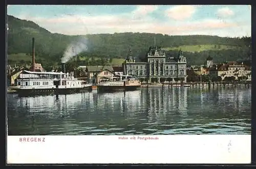 AK Bregenz, Hafen mit Postgebäude, Dampfer