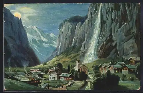 AK Lauterbrunnen, Ortsansicht mit Staubachfall