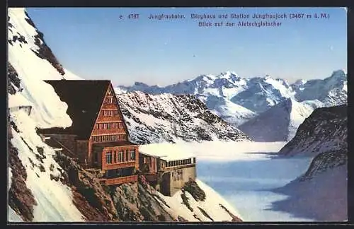 AK Jungfraubahn, Berghaus u. Station Jungfraujoch, Blick auf den Aletschgletscher