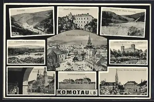 AK Komotau / Chomutov, Grundtal, Staatl. Lehrerbildungsanstalt, Talsperre, Marktplatz und Fernsicht