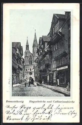 AK Braunschweig, Strassenpartie Hagenbrücke und Catharinenkirche