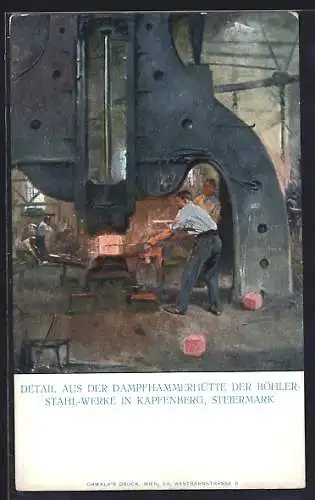 AK Kapfenberg, Fabrikarbeiter arbeiten in der Dampfhammerhütte der Böhler-Stahl-Werke