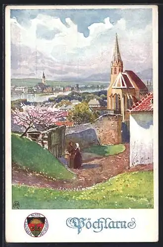 Künstler-AK Deutscher Schulverein Nr. 288: Pöchlarn, an der Kirche, Blick auf die Stadt am Fluss